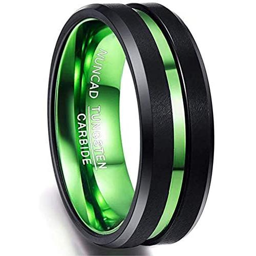 NUNCAD 8mm Black Tungsten Rings for Men Women Red/Green Groove Wedding Bands Beveled Edges Comfort Fit Size 6-16