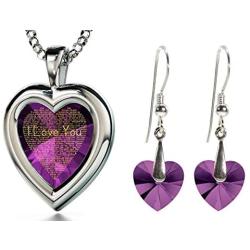 925 Silver Heart Jewelry Set I Love You Necklace 120 Languages Gold Inscribed CZ - Crystal Earrings, 18''