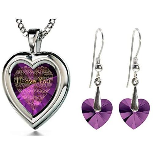 925 Silver Heart Jewelry Set I Love You Necklace 120 Languages Gold Inscribed CZ - Crystal Earrings, 18''