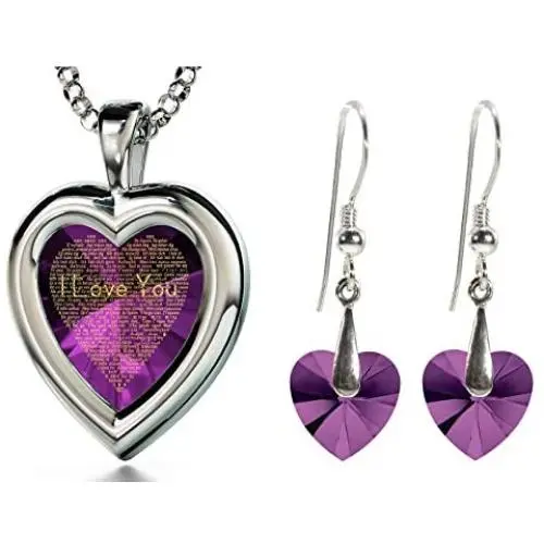 925 Silver Heart Jewelry Set I Love You Necklace 120 Languages Gold Inscribed CZ - Crystal Earrings, 18'' 925 Silver Heart Jewelry Set I Love You Necklace 120 Languages Gold Inscribed CZ - Crystal Earrings, 18''