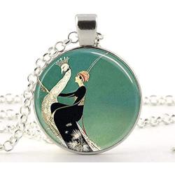 Art Deco Jewelry Woman on White Peacock Green Peacock Necklace Pendant