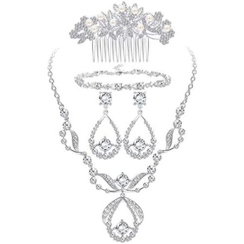 ORAZIO Crystal Bridal Jewelry Set for Prom Wedding Bride Bridesmaids Vintage Rhinestone Necklace Earrings Bracelet Comb for Women