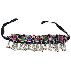 Duel On Jewel Statement Afghan Tribal Gypsy Choker Necklace with Bells Pearls Mirrors Beads Coins Lapis Lazuli