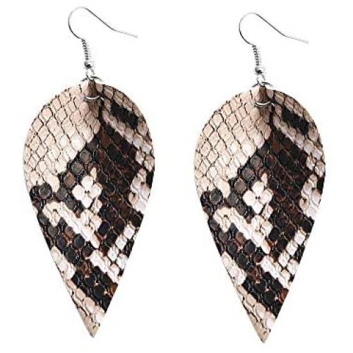 HUJUON Bohemia Retro Water Drop Leaf Snake Skin Leather Earrings,Colorful Pattern Snakeskin Pattern Lightweight Teardrop Leather Earring for Women