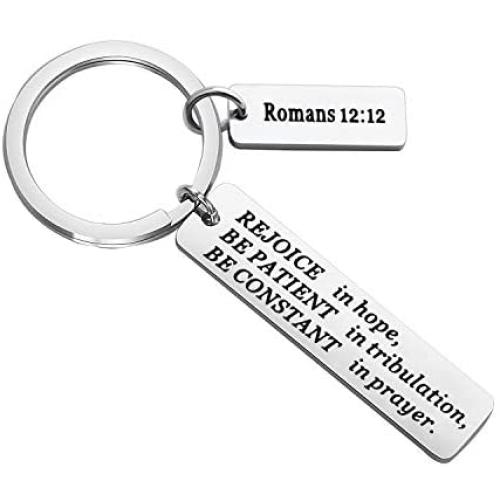 FUSTMW Christian Keychain Religious Gifts Bible Verse Jewelry Rejoice in Hope Be Constant in Prayer Romans 12:12 Scripture Key Chains Gifts