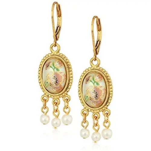 1928 Jewelry Womens Gold Tone Oval Flower Decal Pearl Drop Earrings, Multi, 2 1928 Jewelry Womens Gold Tone Oval Flower Decal Pearl Drop Earrings, Multi, 2