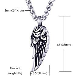 Mens Stainless Steel Cremation Jewelry Ashes Urn Necklace Rose Angel Wing Small Pendant with 24 Inches Link Chain