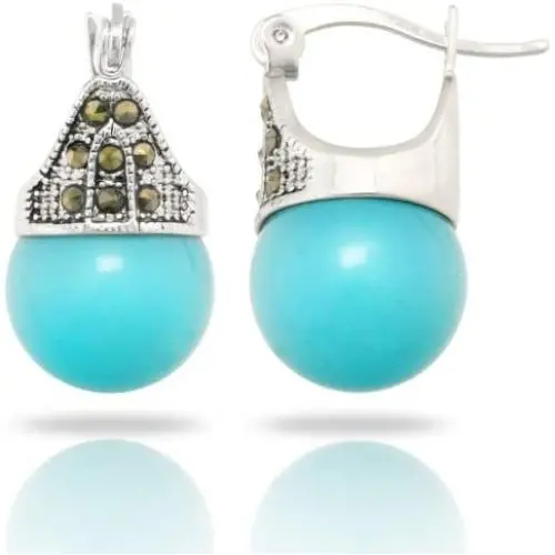 JanKuo Jewelry Rhodium Plated Turquoise Color Simulated Pearl Marcasite Earrings JanKuo Jewelry Rhodium Plated Turquoise Color Simulated Pearl Marcasite Earrings