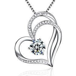 Klurent Silver Love Heart Pendant Necklace for Women 5A Cubic Zirconia 14K White Gold Plated Silver Double Heart Necklaces Gift for Women Girlfriend Wife on Christmas