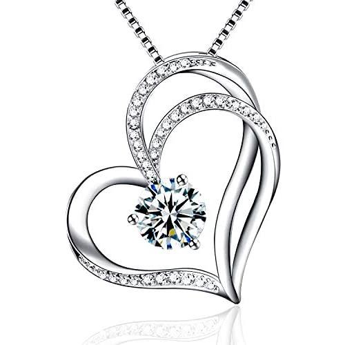 Klurent Silver Love Heart Pendant Necklace for Women 5A Cubic Zirconia 14K White Gold Plated Silver Double Heart Necklaces Gift for Women Girlfriend Wife on Christmas
