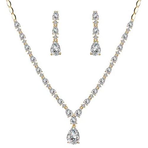 WeimanJewelry Round Cubic Zirconia CZ Teardrop Bridal Necklace and Dangling Earring Set for Women Wedding Party Prom