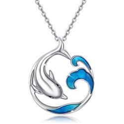 Dolphin Necklace Wave Necklace Sterling Silver Jumping Dolphin Pendant Sterling Silver Blue Gradient Wave Dainty Jewelry Birthday Friendship Gift for Women Girlfriend Teen