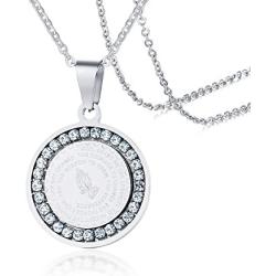 Stainless Steel Circle of Crystal Our Father Lords Prayer English Bible Verse Necklace, Praying Hands Coin Pendant Christian Jewelry