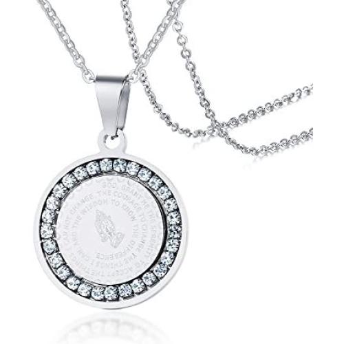 Stainless Steel Circle of Crystal Our Father Lords Prayer English Bible Verse Necklace, Praying Hands Coin Pendant Christian Jewelry
