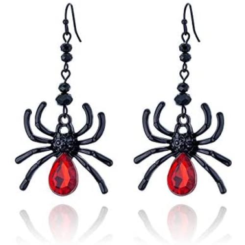 RareLove Gothic Halloween Costumes Earrings Black Spider with Red Rhinestone Dangle Earrings For Women Girls Alloy Plated