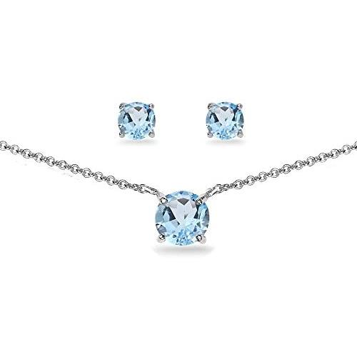 Sterling Silver Genuine, Created or Simulated Gemstone Round Solitaire Choker Necklace and Stud Earrings Set