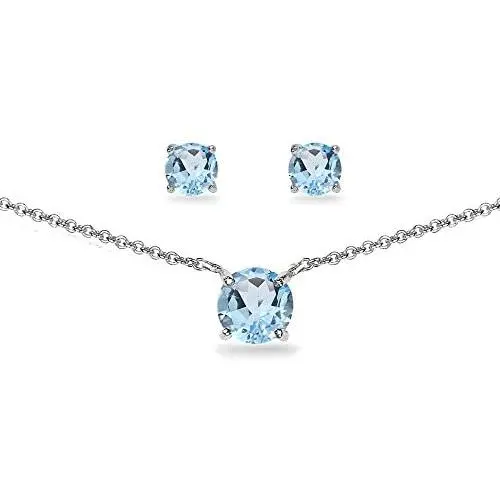 Sterling Silver Genuine, Created or Simulated Gemstone Round Solitaire Choker Necklace and Stud Earrings Set Sterling Silver Genuine, Created or Simulated Gemstone Round Solitaire Choker Necklace and Stud Earrings Set
