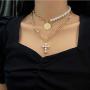Haloty Boho Layered Corss Pendant Necklace Gold Pearl Necklaces Chain Fashion Coin Necklaces Jewelry for Women and Girls