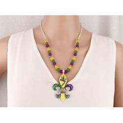 Elosee Mardi Gras Theme Pendant Frost Bead 18 Inch Necklace and Earrings