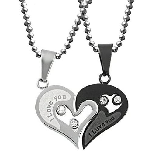Uloveido Stainless Steel Mens Womens Couples Pendant Necklace Love Heart CZ Puzzle Matching Fashion Jewelry Gifts (9 clolors to Choose) SN102