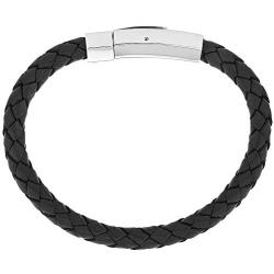 Sabrina Silver Stainless Steel Leather Bracelet Black for Men & Women 5/16 inch Wide, Sizes 6.5-8 inch