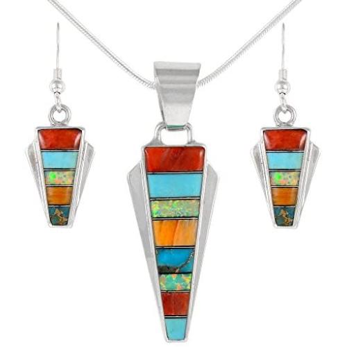 925 Sterling Silver Matching Pendant & Earrings Set Genuine Gemstones 20'' Necklace
