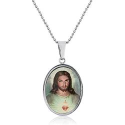 Bling Jewelry Personalize Oval Religious Medal Medallion Sacred Heart of Jesus Photo Pendant Necklace for Men for Teen Silver Tone Stainless Steel