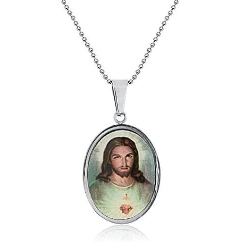 Bling Jewelry Personalize Oval Religious Medal Medallion Sacred Heart of Jesus Photo Pendant Necklace for Men for Teen Silver Tone Stainless Steel