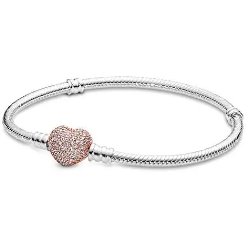 PANDORA Jewelry Moments Pave Heart Clasp Snake Chain Cubic Zirconia Bracelet in Rose PANDORA Jewelry Moments Pave Heart Clasp Snake Chain Cubic Zirconia Bracelet in Rose