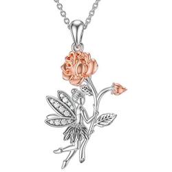 RMREWY Flower Fairy Necklace 925 Sterling Silver Flower Girl Rose Pendant Necklace Fairy with Angel Wings Jewelry Gift for Princess Girls Women