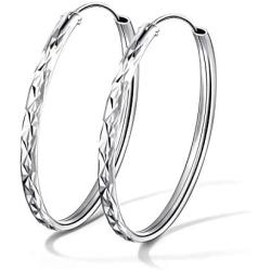 T400 925 Sterling Silver Hoop Earrings Large 3mm Thick Diamond Flower Cut Hoops Gift for Women Girls 20 30 40 50 60 mm