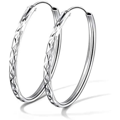 T400 925 Sterling Silver Hoop Earrings Large 3mm Thick Diamond Flower Cut Hoops Gift for Women Girls 20 30 40 50 60 mm