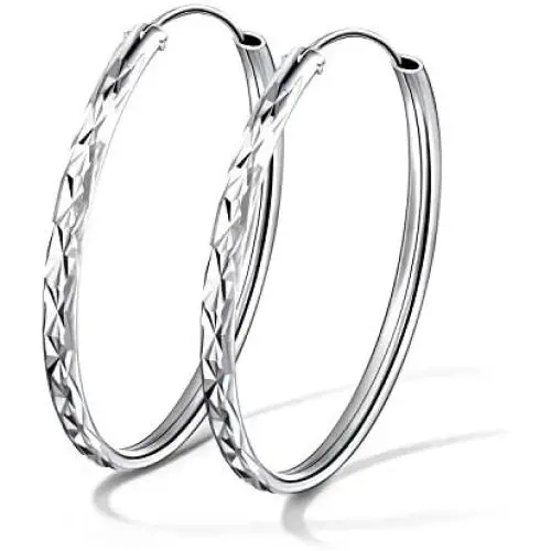 T400 925 Sterling Silver Hoop Earrings Large 3mm Thick Diamond Flower Cut Hoops Gift for Women Girls 20 30 40 50 60 mm T400 925 Sterling Silver Hoop Earrings Large 3mm Thick Diamond Flower Cut Hoops Gift for Women Girls 20 30 40 50 60 mm
