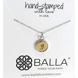 Hand Stamped Personalized Initial Necklace, Stainless Steel with Solid Brass Letter Necklace Dainty Coin Charm Bracelet Delicate Disc Name Necklace for Women Girls