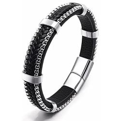 Creative Black Cowhide Braided Leather Bracelet For Men Around Stainless Steel Fine Bracelet with Stainless Steel Magnetic Buckle
