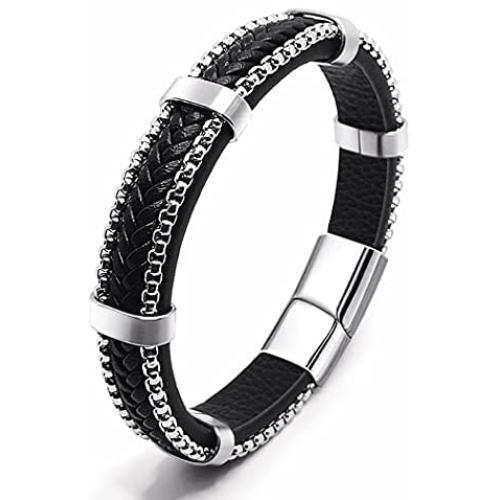 Creative Black Cowhide Braided Leather Bracelet For Men Around Stainless Steel Fine Bracelet with Stainless Steel Magnetic Buckle