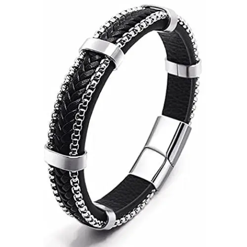 Creative Black Cowhide Braided Leather Bracelet For Men Around Stainless Steel Fine Bracelet with Stainless Steel Magnetic Buckle Creative Black Cowhide Braided Leather Bracelet For Men Around Stainless Steel Fine Bracelet with Stainless Steel Magnetic Buckle