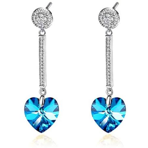 Heart Swarovski Crystal Drop Long Dangling Earrings for Women 925 Sterling Silver Post Hypoallergenic Jewelry