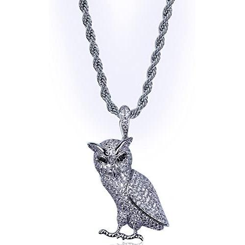 Moca Jewelry Hip Hop Iced Out Bling Owl Pendant 18K Gold Plated Chain Necklace for Men Women