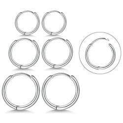 Small Silver Hoop Earrings -Sterling Silver Hoop Earrings Small Huggie Hoop Earrings Set for Women Men Girls| 3 Pairs Hypoallergenic Cartilage Earrings Tragus Earrings Nose Lip Rings 8mm 10mm 12mm
