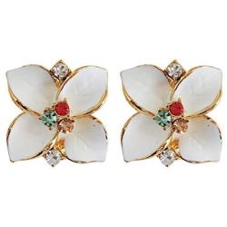 Navachi 18k Gold Plated Crystal Colorful Enamel Leaves Flower Omega Back Earrings