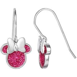 Disney Minnie Mouse Silver Plated Pink Glitter Dangle Earrings, Official License