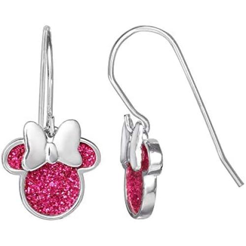 Disney Minnie Mouse Silver Plated Pink Glitter Dangle Earrings, Official License