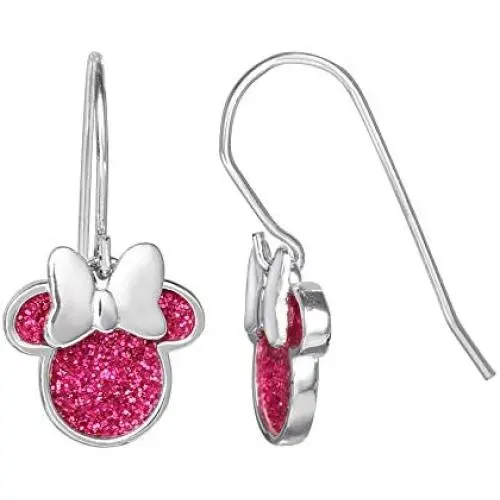 Disney Minnie Mouse Silver Plated Pink Glitter Dangle Earrings, Official License