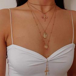 Chargances Gold Cross and Mary Pendant Necklace Long Chain Rosary Beads Necklace Collar Choker Jewelry for Women and Girls Ladies Sexy Party Jewelry
