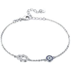 TONGZHE Blue Evil Eye Hamsa Hand Bracelet in Sterling Silver 925 with Cubic Zirconia CZ and 7''+1.5'' Cable Chain