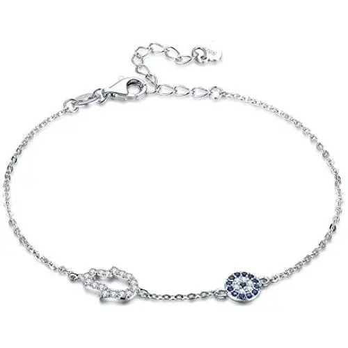 TONGZHE Blue Evil Eye Hamsa Hand Bracelet in Sterling Silver 925 with Cubic Zirconia CZ and 7''+1.5'' Cable Chain TONGZHE Blue Evil Eye Hamsa Hand Bracelet in Sterling Silver 925 with Cubic Zirconia CZ and 7''+1.5'' Cable Chain