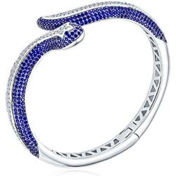 Bling Jewelry Egyptian Fashion Statement Snake Serpent Hinge Cuff Bangle Bypass Bracelet for Women White Blue Simulated Sapphire Cubic Zirconia Pave CZ Rhodium Plated