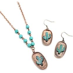 3 Piece Mixed Metal Cactus Concho Jewelry Set - Necklace, Cuff Bracelet, and Earrings