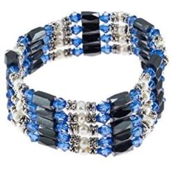 Magnetic Hematite Beaded Wrap Bracelet, Anklet or Necklace with Genuine Fresh Water Pearls & Blue Beads